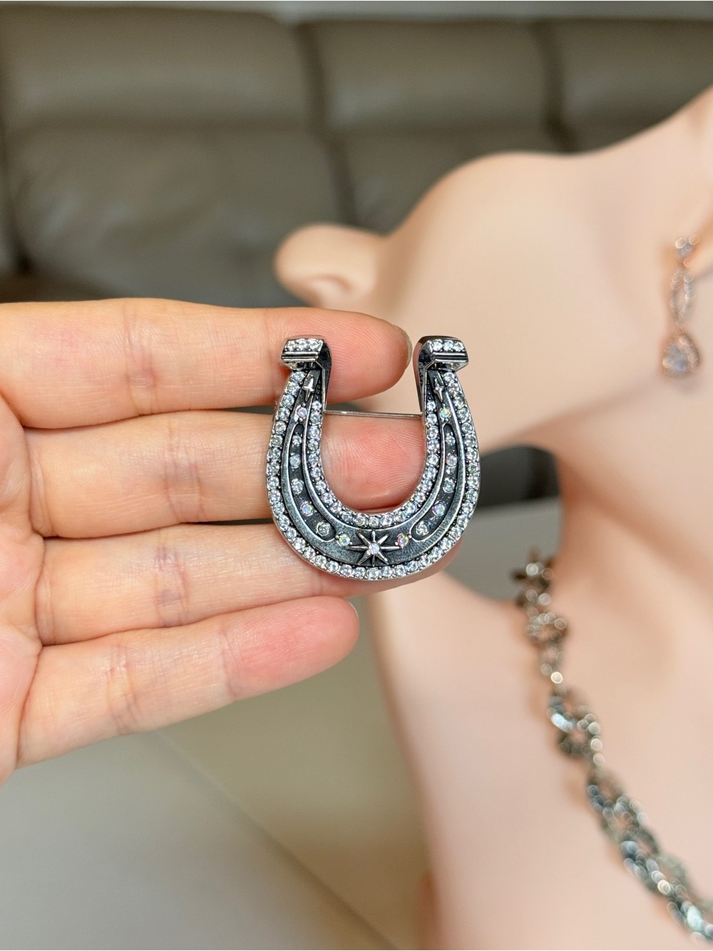 Western Silver Horseshoe Brooch with Crystal Accents